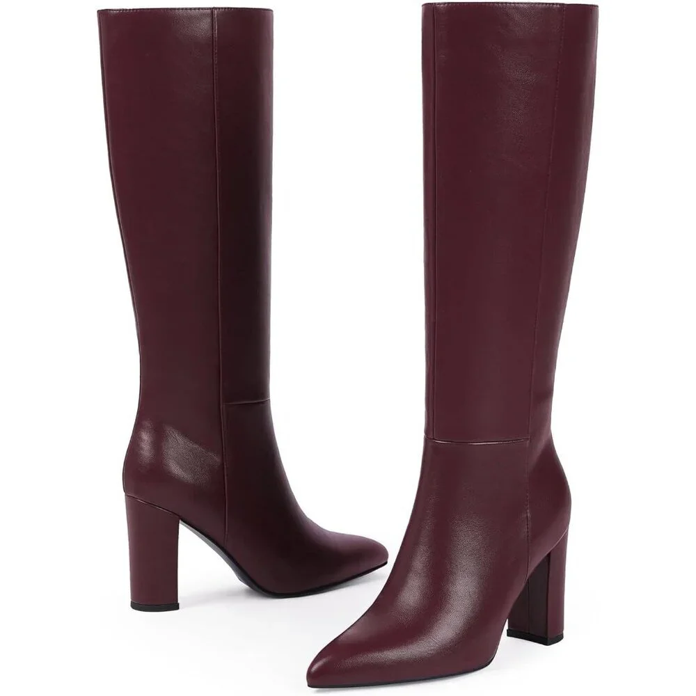Women's A-burgundy Tall Long Calf High Chunky Faux Crocodile Knee High Boots